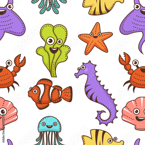 Underwater animals and plants cartoon characters seamless pattern