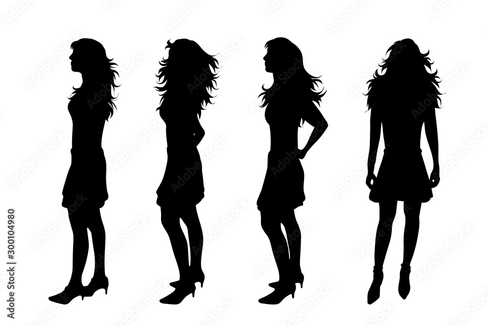 Vector silhouette of woman on white background. Symbol of girl, slim, fashion, beauty, logo.