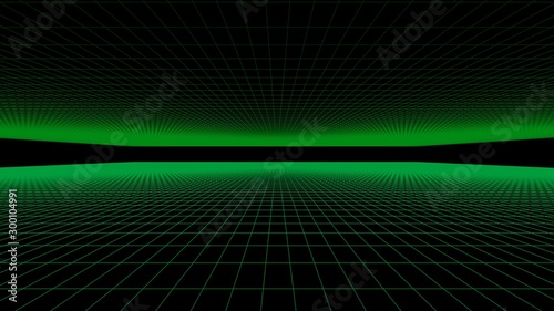 Background with green grids floor and ceiling on black space - 3D rendering illustration