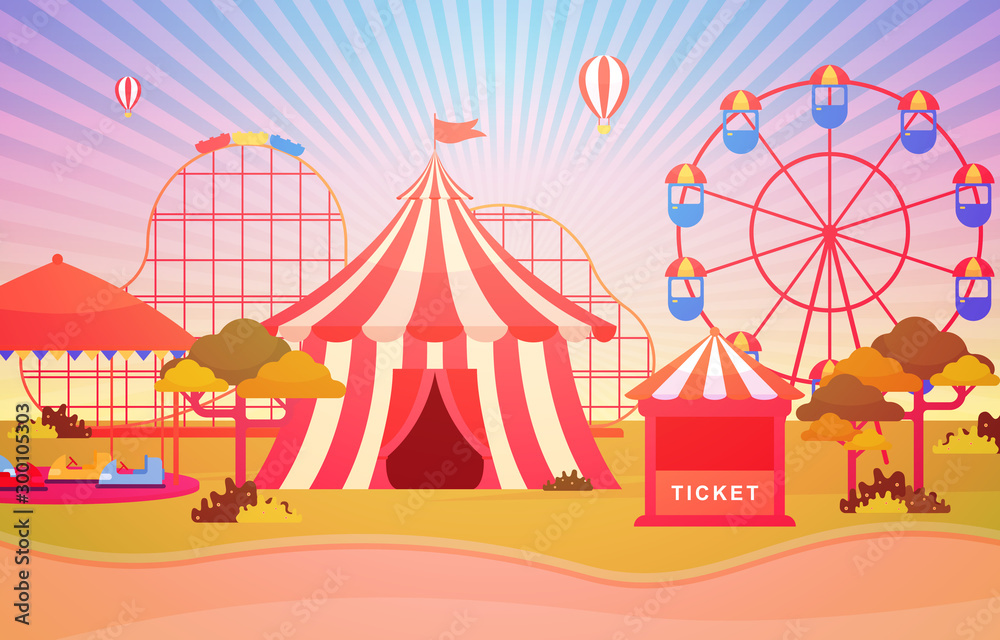 Amusement Park Circus Carnival Festival Fun Fair with Firework Landscape Illustration