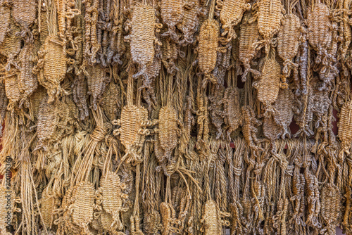 Straw sandals Waraji donated by Togakuji temple worshipers for monks whenever their healing wishes to Akagami Nyoo deity are granted. photo