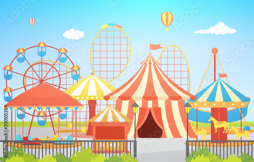 Amusement Park Circus Carnival Festival Fun Fair with Firework Landscape Illustration