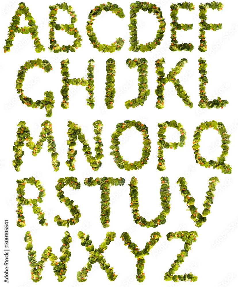 Full set of letters. Healthy lifestyle and nutrition. English alphabet. Text from the products. Broccoli, asparagus, carrots. Designer font. Vegetable Font. Full set of letters. Healthy lifestyle and nutrition. English alphabet. Text from the products. Broccoli, asparagus, carrots. Designer font. Vegetable Font.