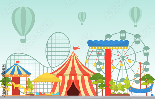 Amusement Park Circus Carnival Festival Fun Fair with Firework Landscape Illustration