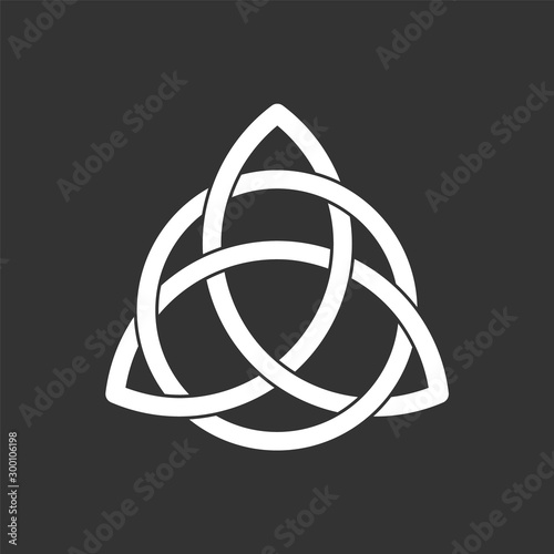 Triquetra symbol interlaced with circle. Celtic trinity knot. Ancient ornament symbolizing eternity. Infinite loop sign interlocking with circle.Interconnected loops make trefoil.Vector illustration. 