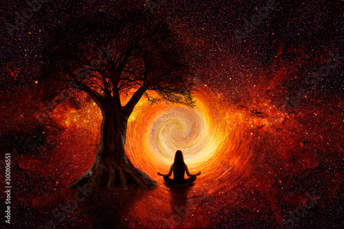 Woman in yoga poses in universe
