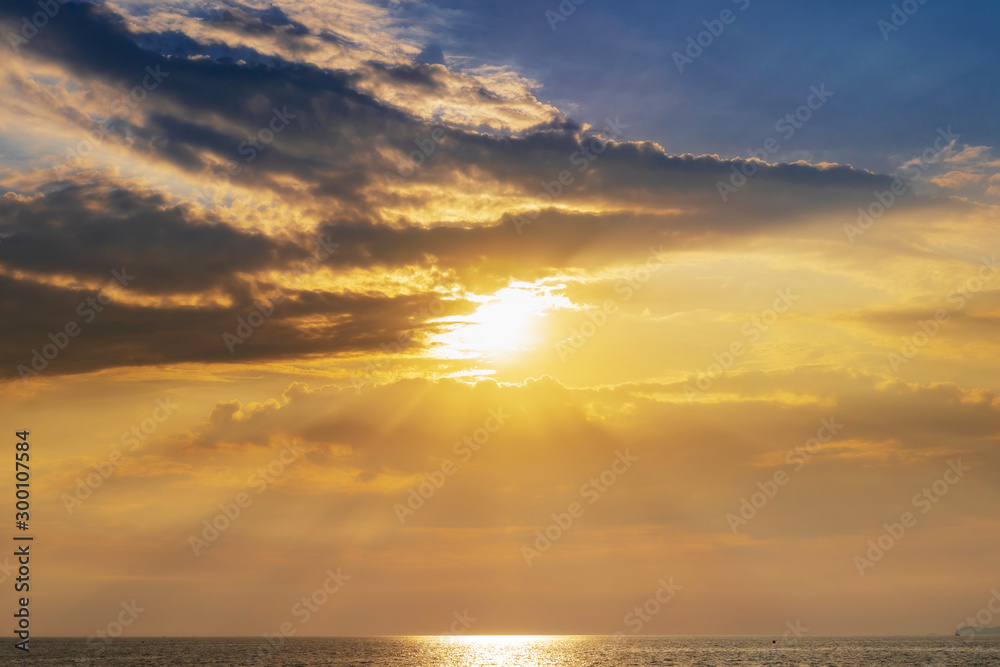 landscape of sunset on the coast sea, waves, horizon. top view.