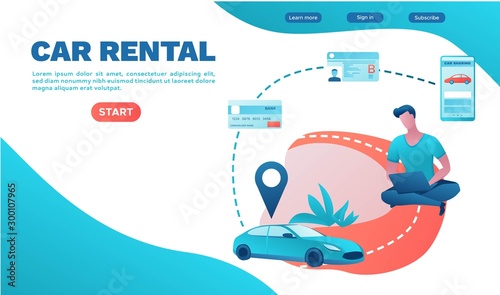 Man rent car by smartphone, automobile share, businessman order ride, rental service template, mobile app, transport sharing concept, flat vector, turquoise, red color, landing page, ui design