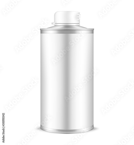 Tin can with plastic cap and blank label, realistic mockup. Metal cylindrical bottle for liquid products, vector mock-up for design
