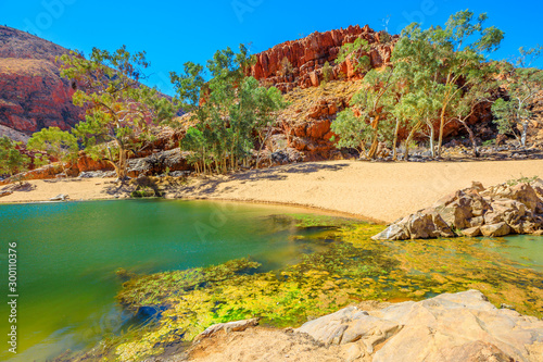 Scenic landscape of Ormiston Gorge Water Hole with ghost gum in West MacDonnell Ranges, Northern Territory, Australia. Ormiston Gorge is a great place to swim or see the high walls of gorge and pound. photo