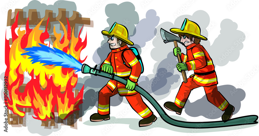 Firefighters are extinguishing the fire by injecting water and breaking through the obstacles. Firefighters are extinguishing the fire by injecting water and breaking through the obstacles.