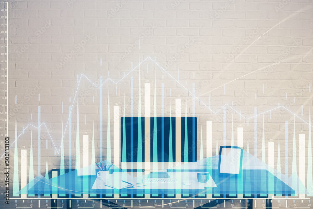 Stock market graph on background with desk and personal computer. Multi exposure. Concept of financial analysis. Stock market graph on background with desk and personal computer. Multi exposure. Concept of financial analysis.