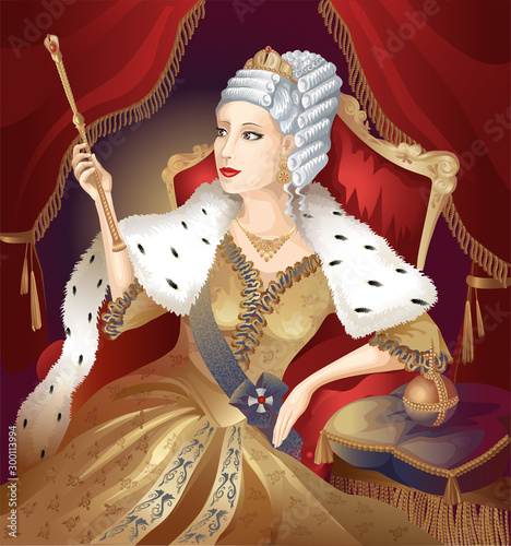 Queen on the red throne holding a staff and scepter on red curtain background. Vector illustration.