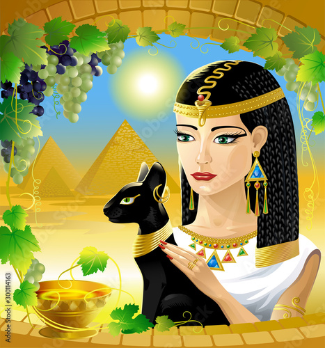 Queen qf Egypt. Egyptian woman with a black cat. Vector illustration.
