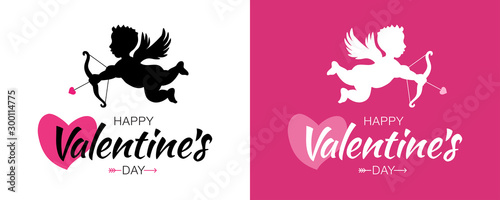 Valentines Day card design set. Cupid silhouette with bow and arrow. Pink white heart background. Flying Angel. Amur symbol of love for Valentine's Day. Wedding invitation card. Vector illustration.