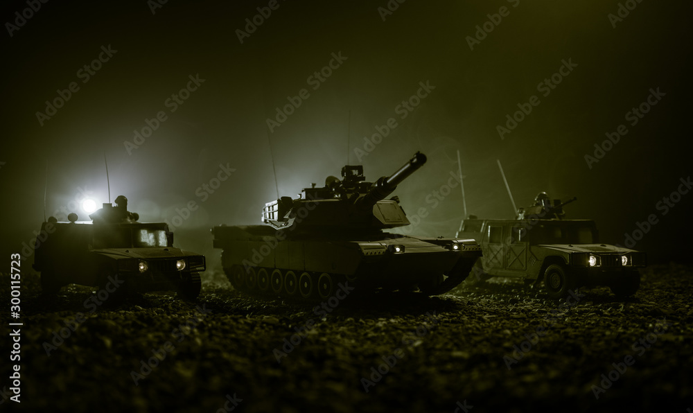 Military patrol car on sunset background. Army war concept. Silhouette ...