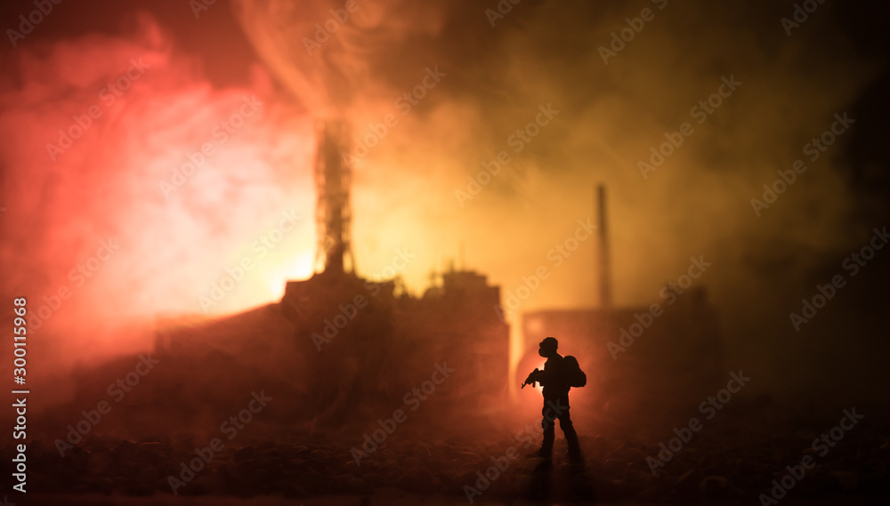 Creative artwork decoration. Chernobyl nuclear power plant at night. Layout of abandoned Chernobyl station after nuclear reactor explosion. Creative artwork decoration. Chernobyl nuclear power plant at night. Layout of abandoned Chernobyl station after nuclear reactor explosion.
