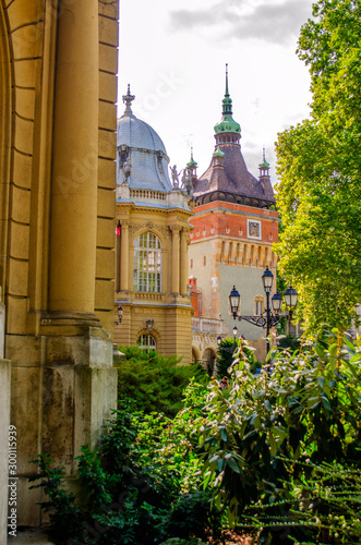 Hungary, Budapest, July 10, 2019. Vaidahunyad Castle in Varoshliget park. photo