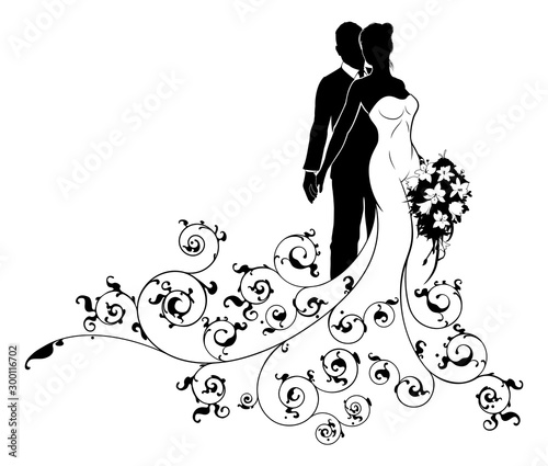 Wedding couple bride and groom silhouettes, the bride in a white bridal dress gown holding a floral bouquet of flowers and an abstract floral pattern