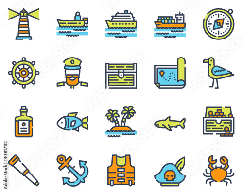 Voyage items color linear icons set