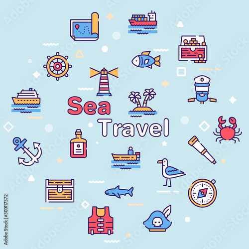 Voyage items color linear icons set