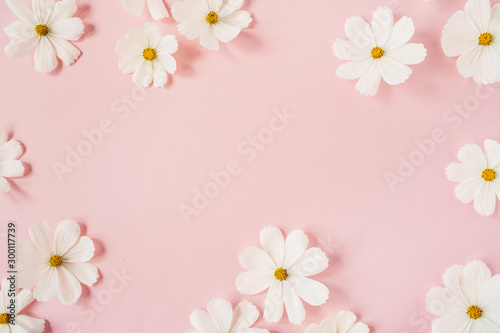 Minimal styled concept. White daisy chamomile flowers on pale pink background. Creative lifestyle, summer, spring concept. Copy space, flat lay, top view.