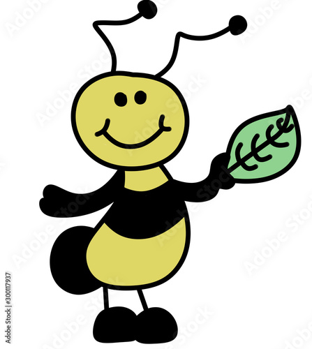 Cute yellow bees with tree leaves illustration
