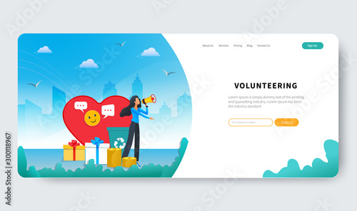 Volunteering vector illustration concept. Volunteer woman help charity and sharing hope, holding megaphone and call for community support, near big red heart, recycle bin. Landing web page template
