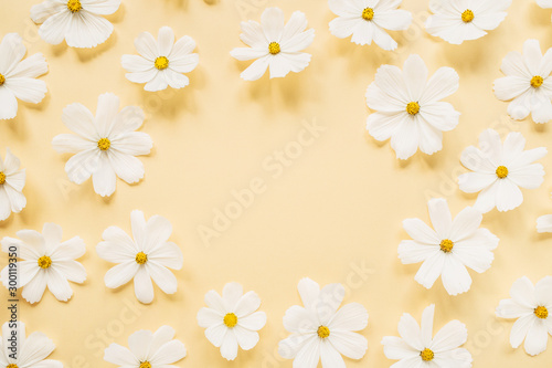 Minimal styled concept. Wreath made of white daisy chamomile flowers on pale yellow background. Creative lifestyle, summer, spring concept. Copy space, flat lay, top view. © Floral Deco
