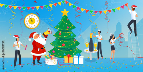Merry Christmas and 2020 Happy New Year eve greeting card, santa claus and group of business people are engaged in decoration of christmas tree in office with clock. Champagne on the table, garlands.