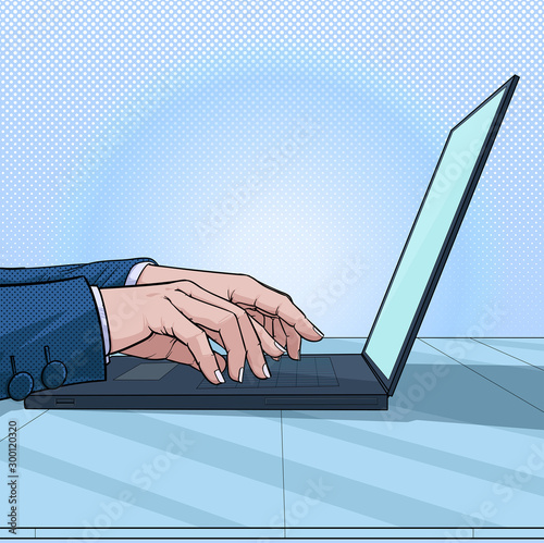 Businessmen Business people The hand that is typed on the computer keyboard Illustration vector On pop art comics style Abstract dots background