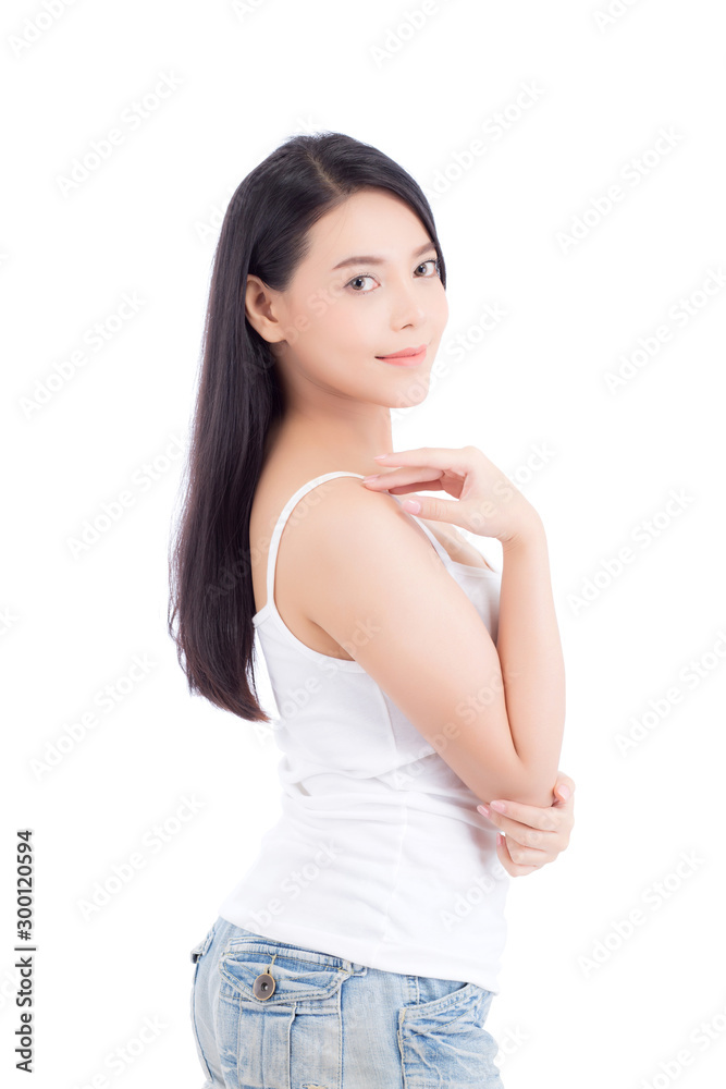 Portrait of beautiful woman asian makeup of cosmetic, girl hand touch cheek and smile attractive, face of beauty perfect with wellness isolated on white background with skin healthcare concept. Portrait of beautiful woman asian makeup of cosmetic, girl hand touch cheek and smile attractive, face of beauty perfect with wellness isolated on white background with skin healthcare concept.