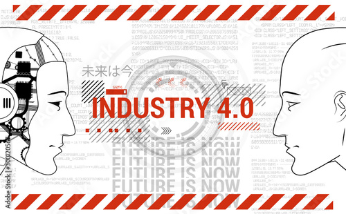 Industry 4.0 concept banner. Physical Systems concept, Robot and man are looking at each other. Automation, human replacement with a robot, a new generation of industry. Industrial Revolution 4.0