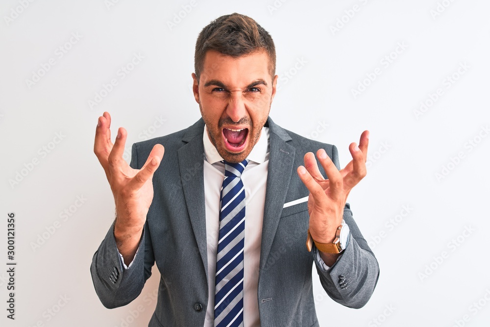 Young handsome business man wearing suit and tie over isolated background crazy and mad shouting and yelling with aggressive expression and arms raised. Frustration concept. Young handsome business man wearing suit and tie over isolated background crazy and mad shouting and yelling with aggressive expression and arms raised. Frustration concept.
