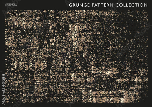 Brass, gold, metal texture. Patina scratch distressed grunge effect. Black background with rough metallic pattern. Gold patina wall. Metallic gradient on black.