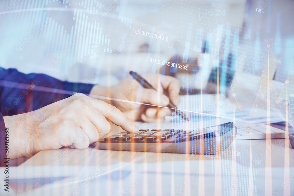 Financial trading graph double exposure with man desktop background. Financial trading graph double exposure with man desktop background.