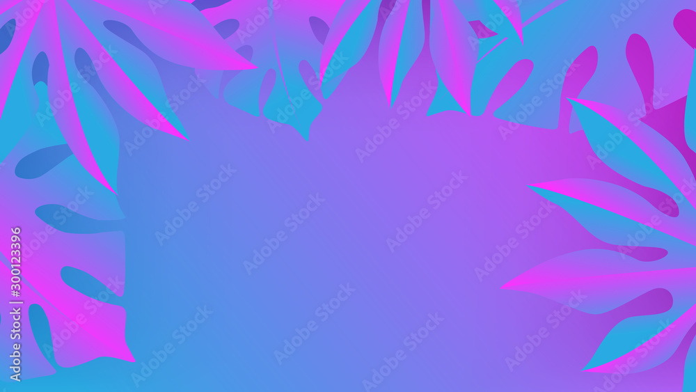 Tropical palm leaves . gradient holographic neon colors . pink and blue background . vector image .