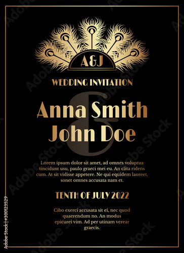 Geometric Feather Art Deco Style Wedding Invitation Design