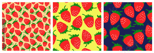 Strawberry seamless pattern set. Fashion clothing design. Food print for dress, skirt, linens or curtain. Hand drawn vector sketch background collection
