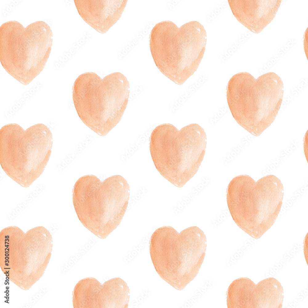Watercolor heart shape seamless pattern. Hand drawn illustration of delicate cream color
