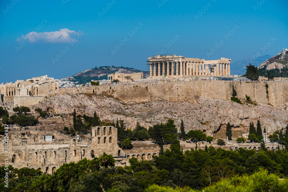 Acropolis and Parthenon in Athens Greece. In the foreground Theater Herodion.
