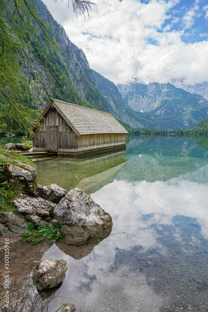 Boathouse on the Koenigsee lake in Bavaria Alps. Germany.