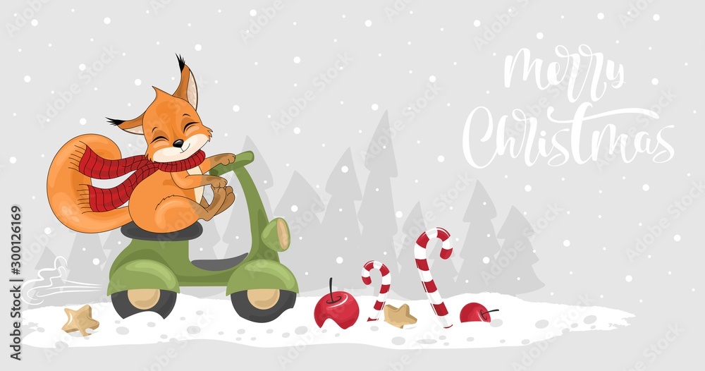 Fototapeta premium Christmas card with cute squirrel and festive elements. Vector illustration. Winter holiday card with calligraphy and hand-drawn design elements. Greeting card, invitation.