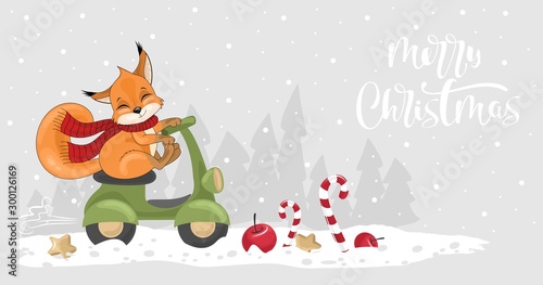 Christmas card with cute squirrel and festive elements. Vector illustration.  Winter holiday card with calligraphy and hand-drawn design elements. Greeting card, invitation.
