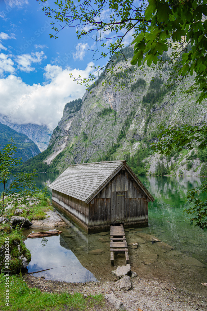 Boathouse on the Koenigsee lake in Bavaria Alps. Germany.