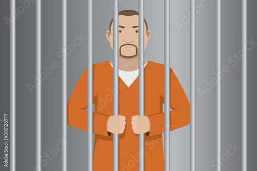 Prisoner in orange jumpsuit standing behind prison bars. Vector illustration.