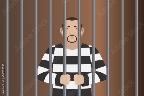 Prisoner in striped jumpsuit standing behind prison bars. Vector illustration.