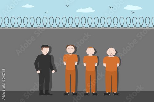 Prison officer and prisoners standing near fence with bearded wire. Vector.