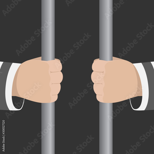 Man in striped uniform holding jail bars. Cartoon. Vector illustration.
