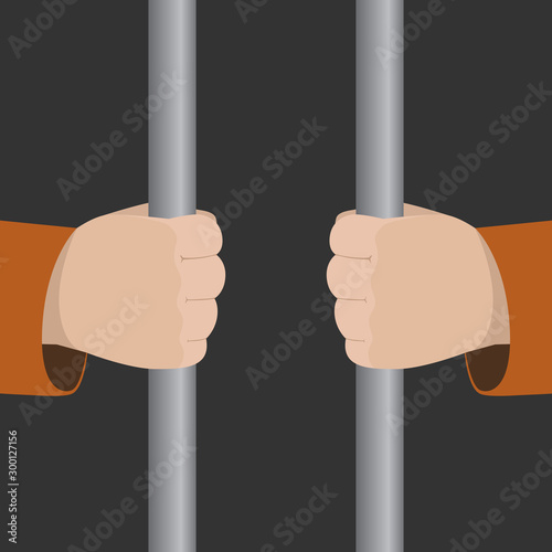 Man holding in orange clothes prison bars. Vector illustration.